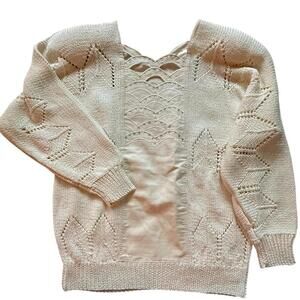 Nannell Vintage Knit Sweater Cream Openwork With Satin Applique Panels L